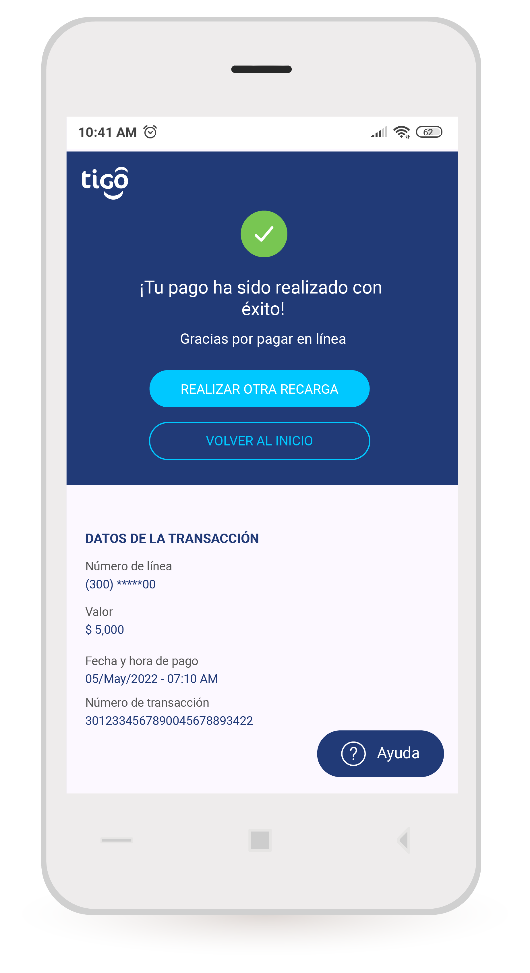 aw-recarga tigo realizada con exito