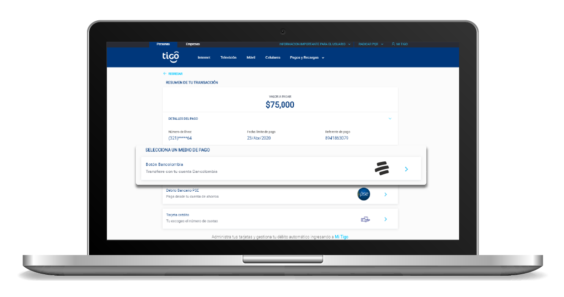 aw-Pagar Factura Tigo con Bancolombia paso 3 pagar