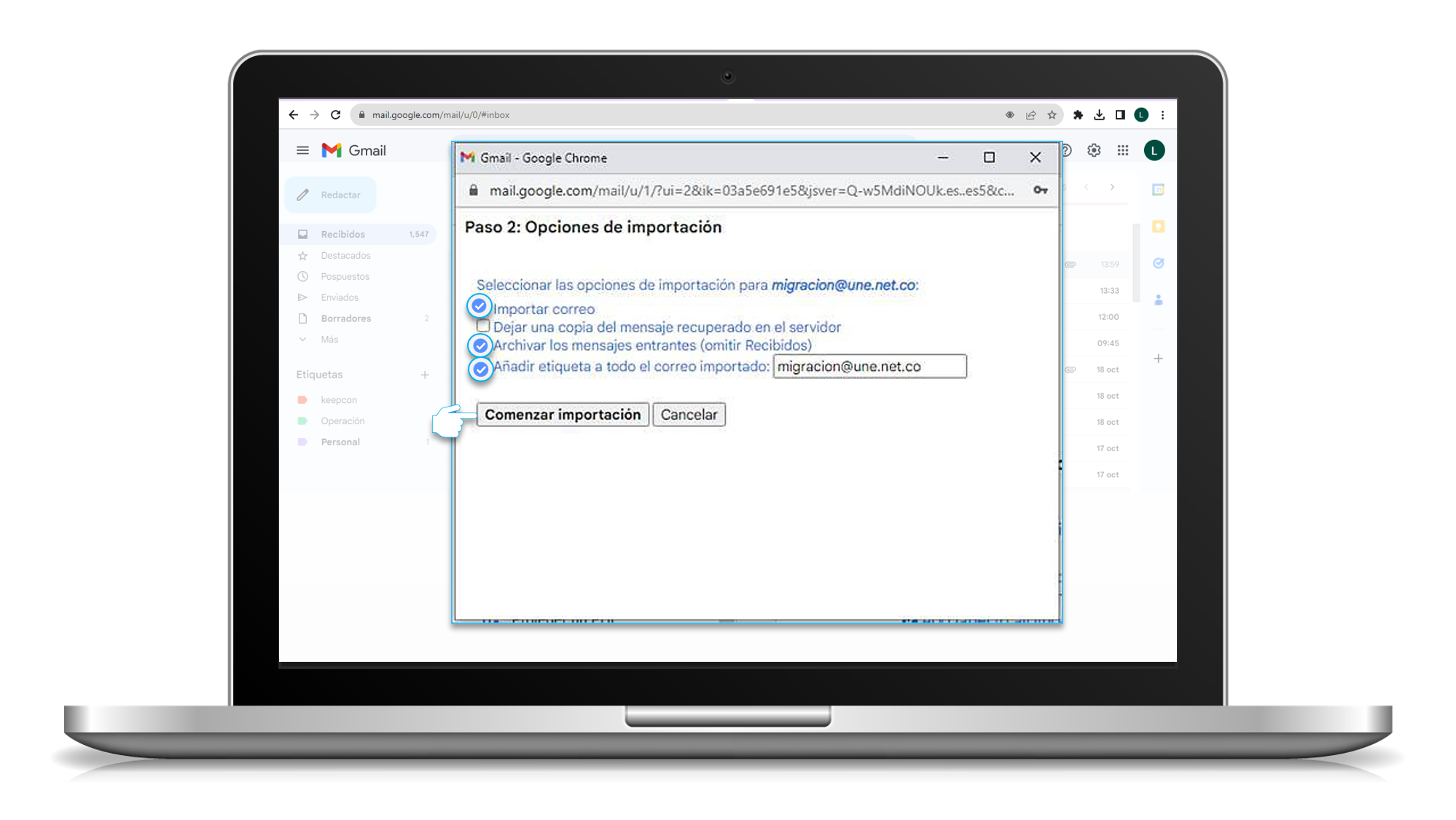aw-comenzar importacion correo tigo une gmail